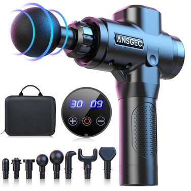 Перкусійний масажер ANSGEC Massage Gun: електричний пістолет для глибокого масажу м'язів, 30 рівнів швидкості, 8 насадок, для шиї та спини