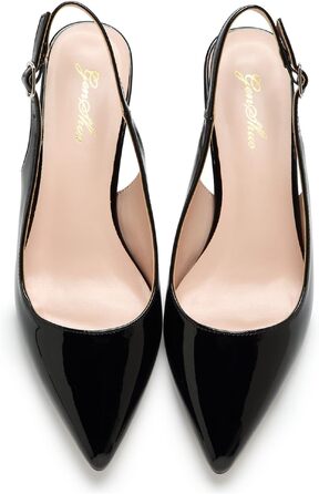 Жіночі елегантні туфлі-човники GENSHUO на низьких підборах (kitten heels) з відкритою п'ятою, чорний лак, розмір 42 EU