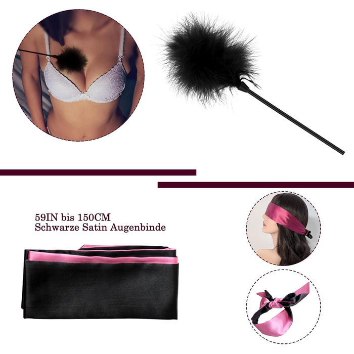 Набір BDSM 6-в-1: наручники, шлея для тіла, чокер, прічка, маска для очей. Набір для BDSM для пар (Чорний, Рожевий)