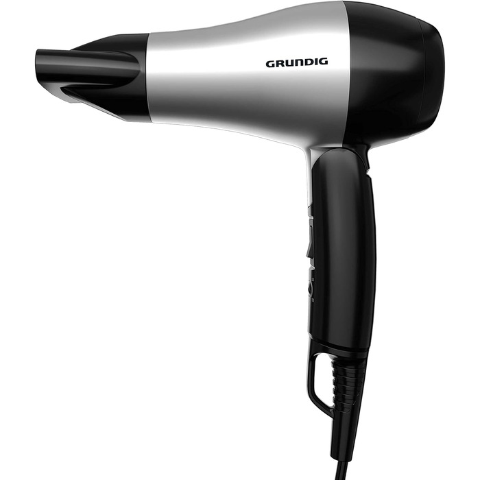 Компактний дорожній фен Grundig HD 2200 Sport & Reise, 1200 Вт, 2 режими температури та потоку повітря, складана ручка, сріблястий/чорний