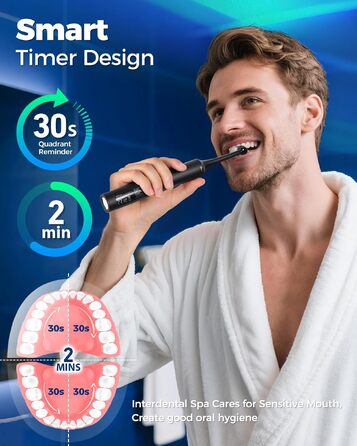 Професійна електрична ротаційна зубна щітка для дорослих, 4 режими чищення, 8 насадок, акумулятор на 60 днів, смарт-таймер 2 хв, чорна