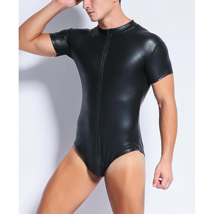 Чоловічий комбінезон з лакованої шкіри, мокрий ефект, шкіряна білизна, боді, відкриті труси, трикотажний боді, чорний, клубний одяг, XXL