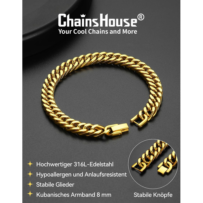 Чоловічий сталевий браслет-ланцюг Panzer від ChainsHouse, золотистого кольору, ширина 8мм, довжина 23см, у подарунковій коробці
