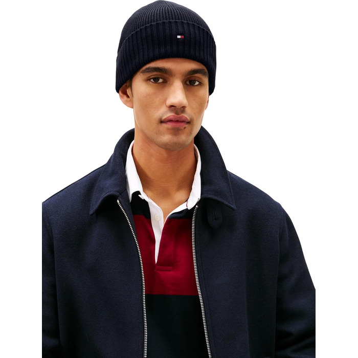 Зимня шапка-біні Tommy Hilfiger TH Flag з бавовни Pima, синя (Space Blue), універсальний розмір