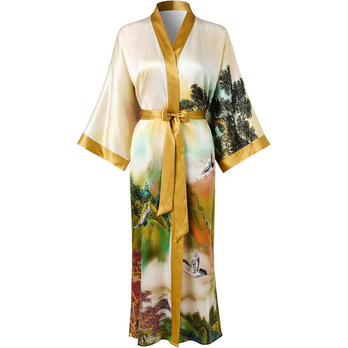 Шовковий халат-кімоно Ledamon для жінок, довгий, 100% шовк, класичний квітковий халат-піжама (універсальний розмір, пейзаж осінь)