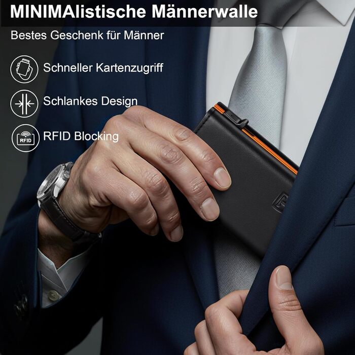 Тонкий чоловічий гаманець TENBST з RFID-захистом та монетницею, шкіряний картхолдер на 10 карток, Slim Wallet — Чорний та Помаранчевий