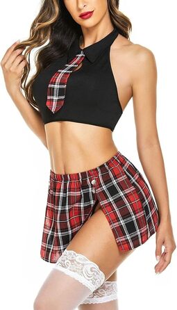 Костюм для косплею: шкільний набір для жінок, чорний. Роль-плей, міні-спідниця в клітинку, топ без рукавів, краватка. Ідеально для Хелловіну.