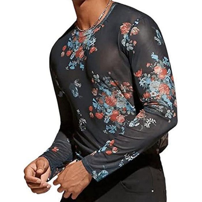 Чоловіча сітчаста футболка AIEOE з блискітками та глітером, прозора, мереживна, для клубного одягу, довга/коротка, з квітковим малюнком, з довгим рукавом