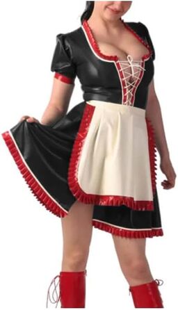 Костюм покоївки з шнурівкою, А-силует, PVC, рюші, короткі рукави, фартух, чорний, розмір XXL. Костюм для Хелловіну, косплею та тематичних вечірок