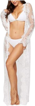 Шовковий халат-кімоно з V-подібним вирізом для жінок, білий. Халат з мереживом, квітковим візерунком, з поясом. Ідеальний для вечірки, весільної ночі або Дня святого Валентина.