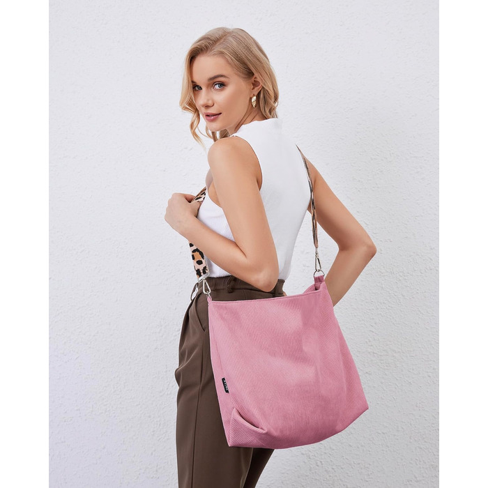 Жіноча сумка-шопер Prite великого розміру з вельвету, сумка Tote Bag з регульованим плечовим ременем для навчання, роботи та подорожей (Рожева)