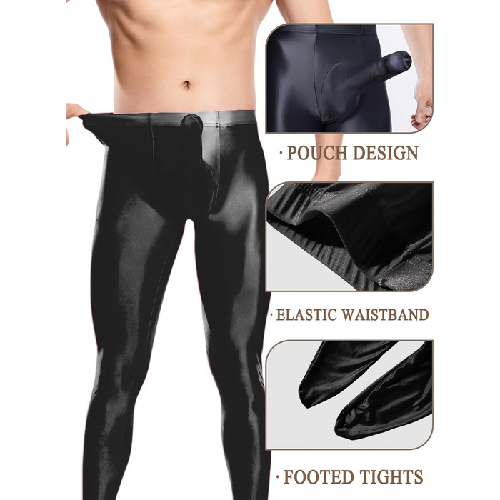Чоловічі лосини-легінси, блискучі, з підтягнутим силуетом, з підтяжками, напівпрозорі, чорні, розмір L