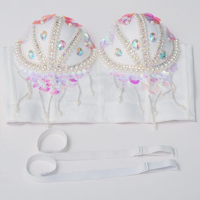 Жіночий корсет-бюстгальтер Royal Smeela з паєтками, перлами та стразами. Короткий топ, корсетний бюст, клубний стиль, для вечірок та свят. Білий корсет з бахромою.