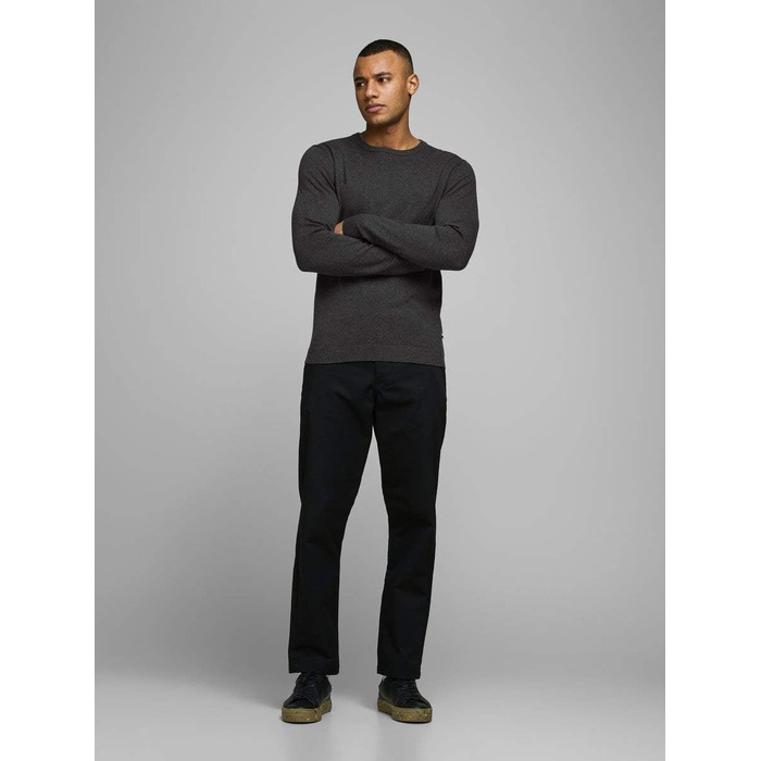 Чоловічий трикотажний джемпер Jack & Jones JJebasic Knit з круглим вирізом, темно-сірий меланж, розмір M
