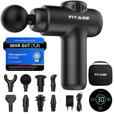 Перкусійний масажер FITAGE Massage Gun — Міні-масажна пістолет з 30 рівнями швидкості, 8 насадками для глибокого масажу м'язів спини, плечей та всього тіла, чорний