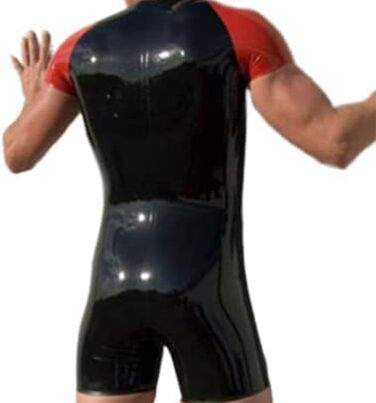 Чоловічий латексний комбінезон Enger Catsuit з короткими рукавами та шортами, чорно-червоний, фетиш-стиль, комбінезон-боді, молнія спереду, X-Small, Plus Size