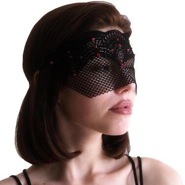 Чорна мереживна півмаска для жінок з червоними стразами – венеціанська маска для маскараду, карнавалу, весілля, вечірки, косплею, бурлеску та Марді Гра (Чорний (червоні стрази))