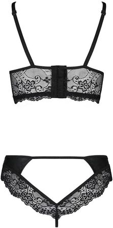 Чорний жіночий комплект спідньої білизни: бюстгальтер з кісточками та стрінги з штучної шкіри та мережива, S-M