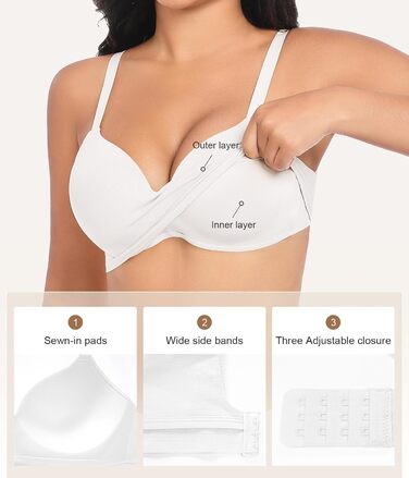 Натлоен ПУХ Up BH: Безкаркашний бюстгальтер для жінок з м'якою підтримкою, подвійний шар чашки, V-подібний виріз, надійний бюстгальтер (Білий, XXL)