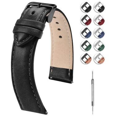 Шкіряний ремінець для годинника Fullmosa 22 мм для Samsung Galaxy Watch 46мм, Galaxy Watch 3 45мм, Gear S3 Frontier/Classic, чорний колір з чорною застібкою