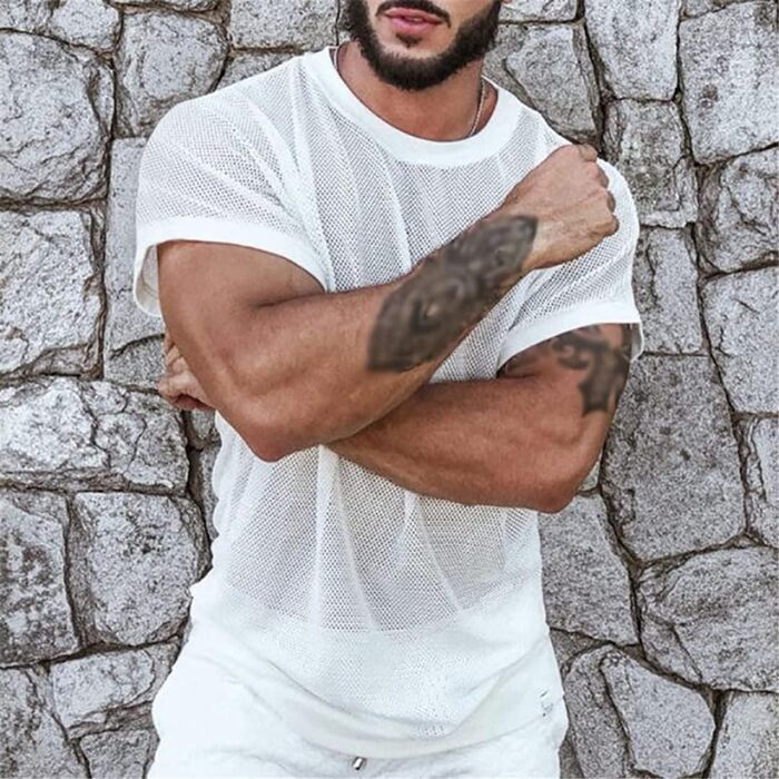 Чоловіча футболка з короткими рукавами, сітка, прозора, сексуальний стиль, streetwear, для відпочинку, дихаюча, для вечірок, чорна, 4XL