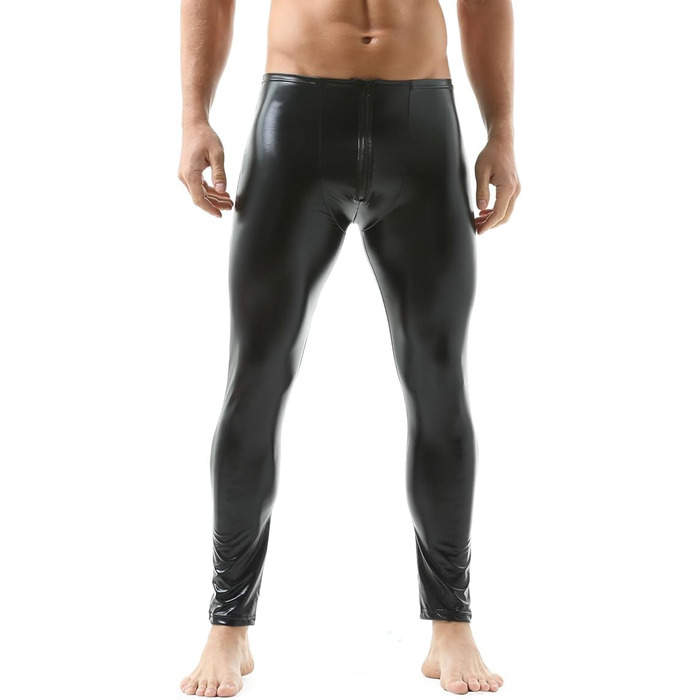 Чоловічі штани-легінси з екошкіри QiaTi, чорні, на блискавці, облягаючі