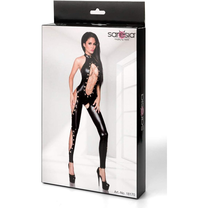 Чорний еротичний жіночий комбінезон-гого з відкритим промежинним швом, з вирізами та ланцюгом, з матеріалу ветоўлукс, XL