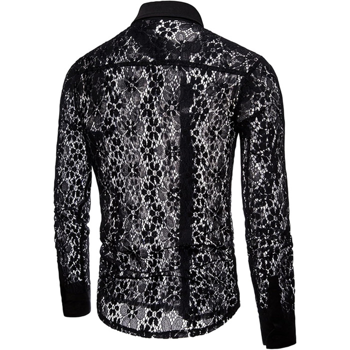 Чоловіча прозора сорочка з квітковим принтом Crongless, мереживо, застібка на ґудзики, довгі рукави, повсякденна сорочка для вечірок (XXL, чорний)