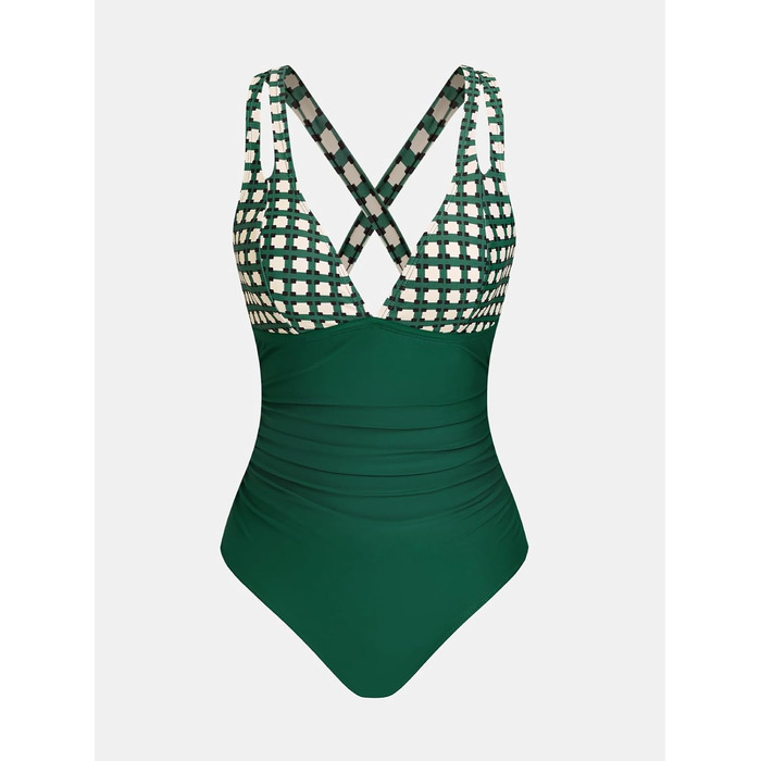 Купальник CUPSHE з V-подібним вирізом, бавовна, корегуючий, глибокий виріз на спині, монокіні, Oivgrün/Tropisch (XL, Smaragdgrün/Geo)