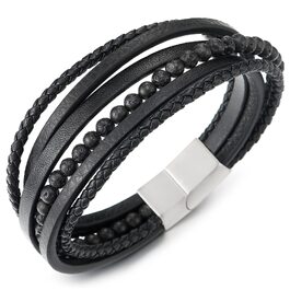 Чоловічий браслет COOLSTEELANDBEYOND з плетеної шкіри та напівдорогоцінних каменів, сталевий ланцюжок з магнітною застібкою, чорний