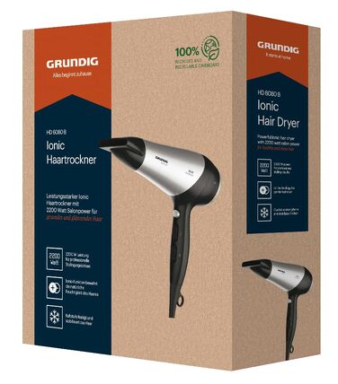 Фен для волосся Grundig HD 6080 B з іонізацією та дифузором, 2200 Вт, 3 температурні та 2 швидкісні режими, чорний/сріблястий