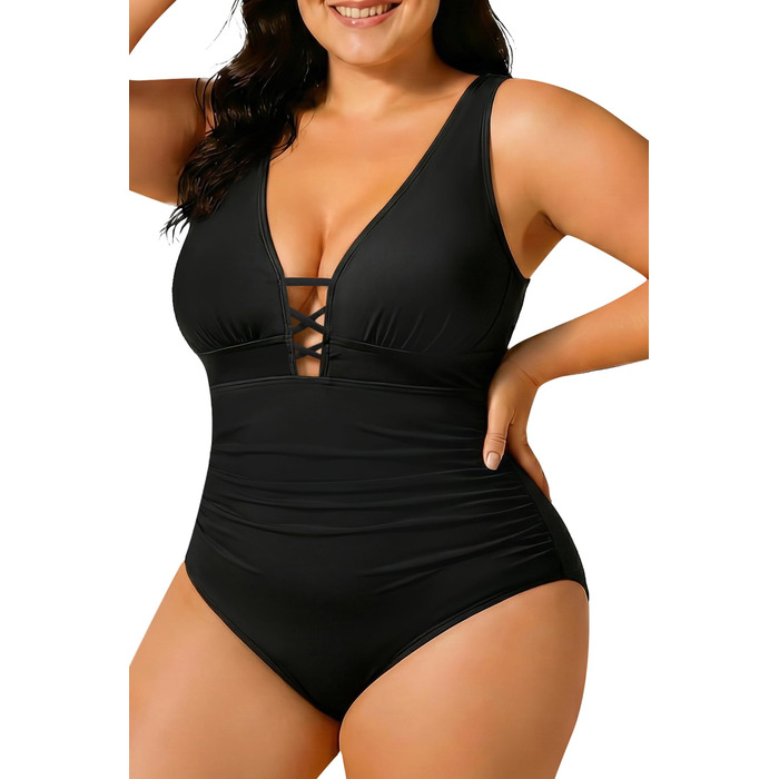 Купальник суцільний жіночий Yonique Plus Size, корейка з шнурівкою, V-подібний виріз, слімінг ефект, чорний