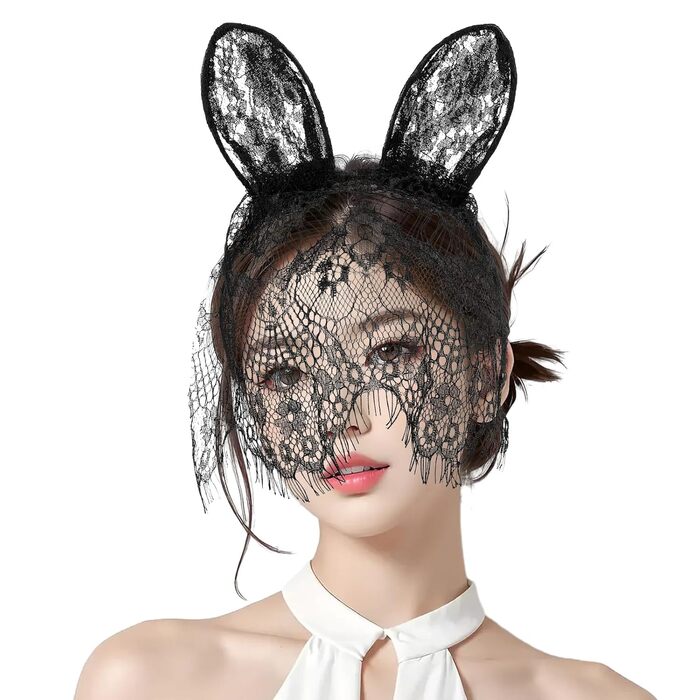Голосний обруч з вушками кролика та мереживною маскою для жінок
