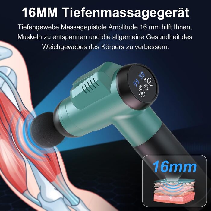 Перкусійний масажер Timiyou Massage Gun: 99 рівнів інтенсивності, до 9800 об/хв, 6 насадок, безшумний масажний пістолет для спини та шиї, Peacock Blue