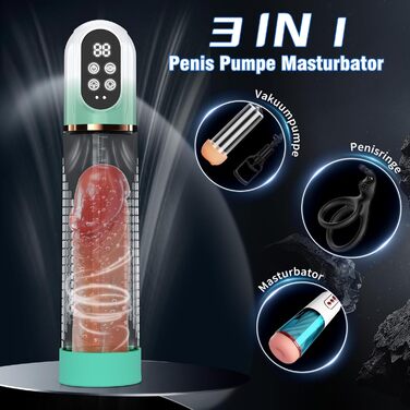 Пумпа для збільшення пеніса HIVEFUN: 4 режими всмоктування, 3 автоматичні тренувальні, водонепроникна (IPX7), сірий/зелений