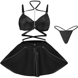 Елегантний костюм Evelife з чорного штучної шкіри: міні-сукня та бюстгальтер push-up з металевим ланцюжком. Ідеально для вечірок, клубів та тематичних заходів. Розмір M.