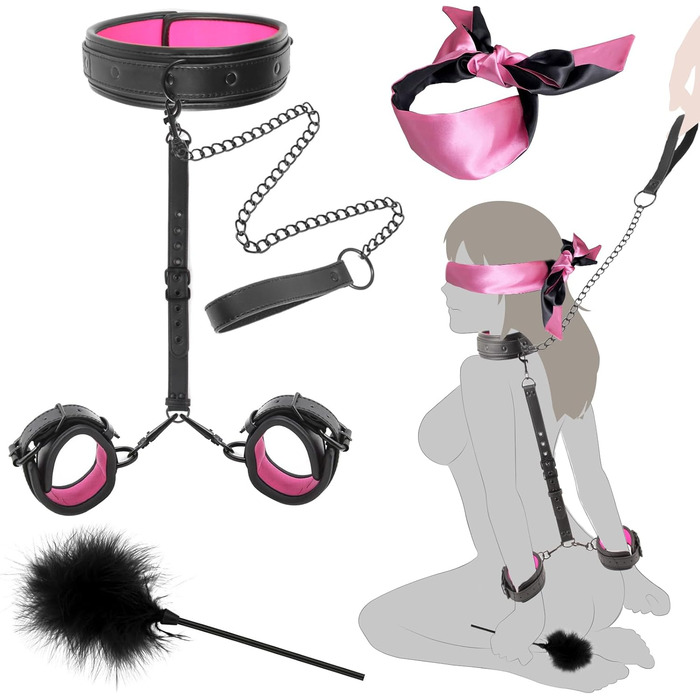 Набір BDSM 6-в-1: наручники, шлея для тіла, чокер, прічка, маска для очей. Набір для BDSM для пар (Чорний, Рожевий)