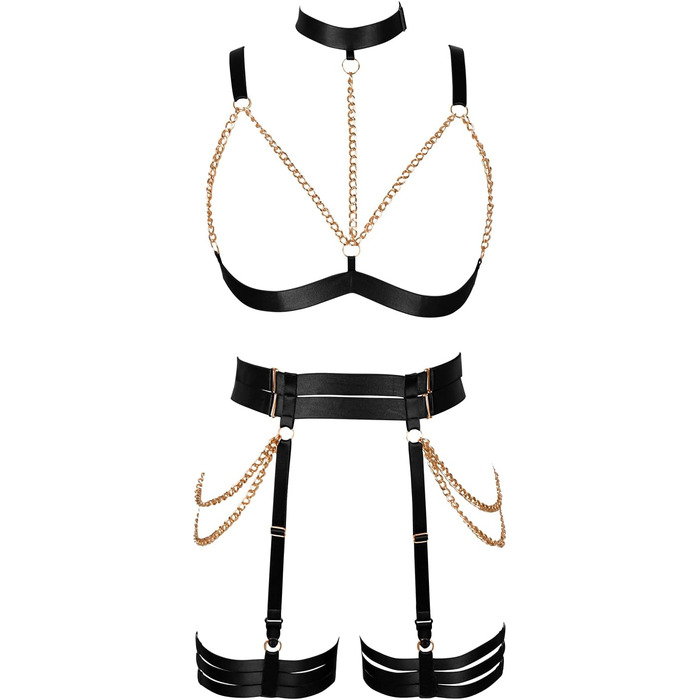 Комплект корсет, бра, стрінги з ремінцями, чорний. Бра-комбінезон, готичний стиль, для танців та Хелловіну