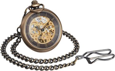 Механічний кишеньковий годинник ShoppeWatch з ланцюжком для чоловіків, ручний завод, відкритий прозорий циферблат, стімпанк аксесуар у стилі 1920-х років (Бронзовий)