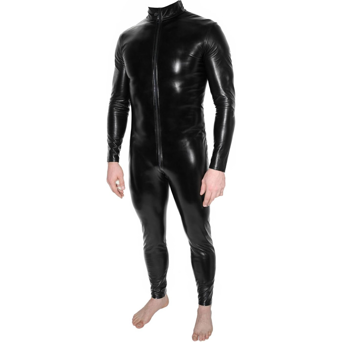 Комбінезон чоловічий з штучної шкіри Rubberfashion - чорний, з відкритим промером, блискучий, цілісний, довгий
