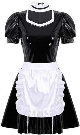 Костюм горничної з мереживом для дорослих: сексуальна клубна сукня з мереживом, шкіра, A-силует, чорний, з шортиками та головним убором
