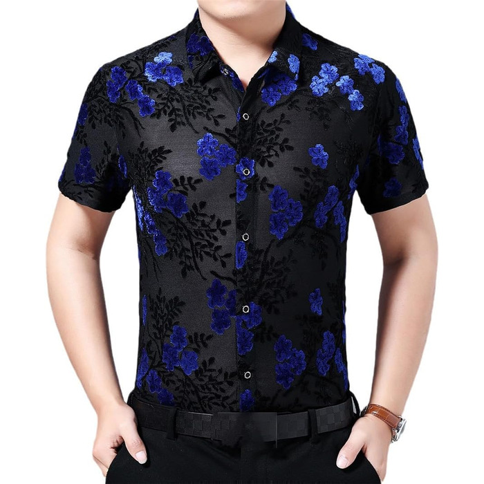 Чоловіча футболка з квітковим принтом, прозора, флісова, для клубу, літня, з короткими рукавами, обтислого силуету, блакитна (EU M 72-77KG TX)