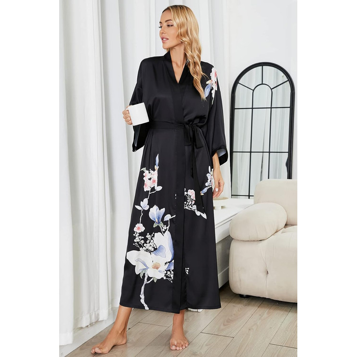 Жіночий шовковий халат-кімоно Moreone з квітковим принтом, довгий, атласний, для нареченої та дружок, нічна сорочка (Чорний, 6)