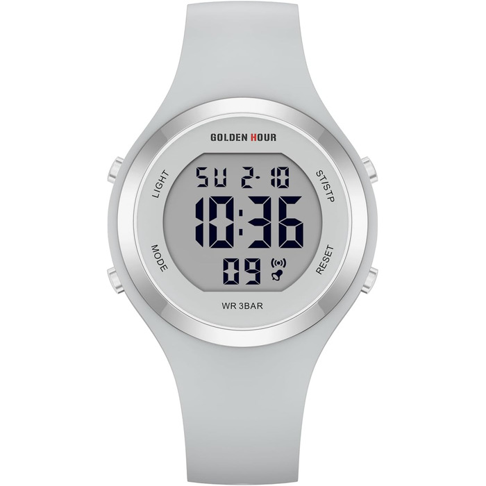 Жіночий спортивний годинник GOLDEN HOUR Digital Chronograph: водонепроникність 5ATM, силіконовий ремінець, з датою та підсвічуванням циферблата (Сірий)