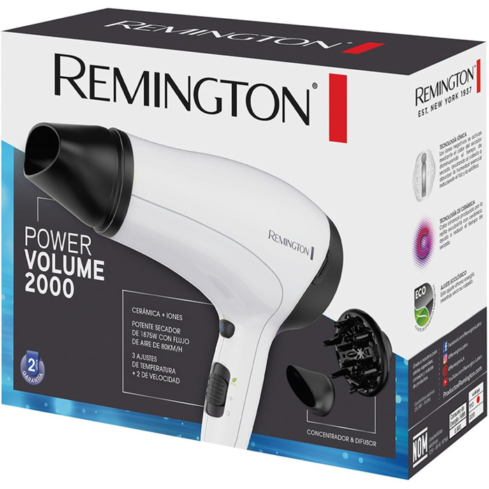 Фен для волосся Remington Power Volume D3015 з іонізацією, 2000 Вт, компактний, з дифузором та концентратором