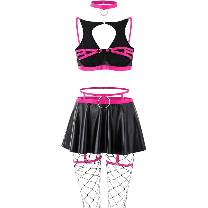 Комплект сексуальної білизни: панчохи, чокер, галстук-стріжку, бюстгальтер з кісточковою підтримкою, спідниця - 5 предметів. Чорний/Гарячий рожевий