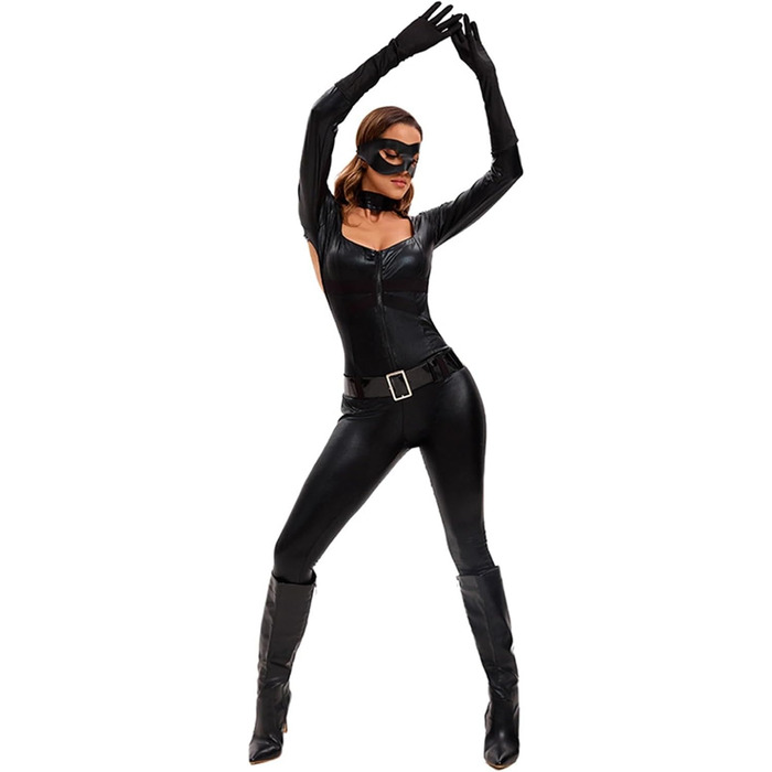 Латексний жіночий комбінезон-кальсони з відкритим верхом, чорний. Комплект з рукавичками, маскою та поясом. Сексуальний латексний костюм для дорослих.