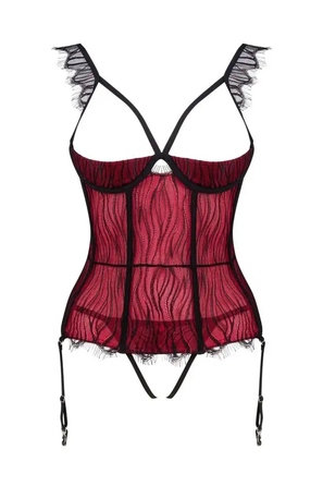 Комплект Obsessive Denissa (XL/XXL): чорно-червоний корсет та стрінги