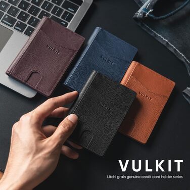Чоловічий шкіряний картхолдер VULKIT з RFID/NFC захистом, тонкий гаманець для карток на 10 відділень (колір: чорний лічі)