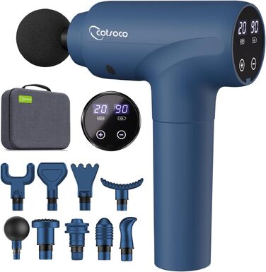 Перкусійний масажер Massage Gun з LED-екраном, електричний масажний пістолет для м'язів: 20 швидкостей, 9 насадок, сумка для перенесення, синій